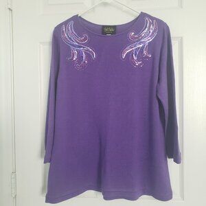 Vtg Bob Mackie Wearable Art Pullover Sweater Size M Sequins Purple Cottagecore